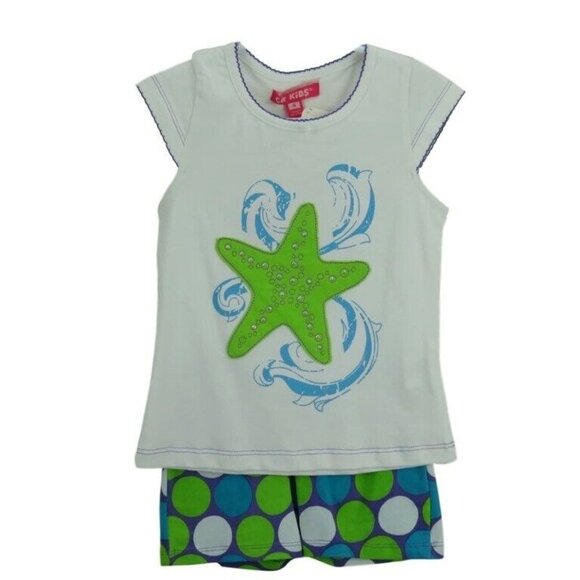 CR Kids Girl 4T Outfit Top Short Starfish Green Blue White Polka Dot Toddler - Picture 4 of 4